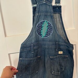 Denim Overalls w/ Grateful Dead bolt patch and floral pocket